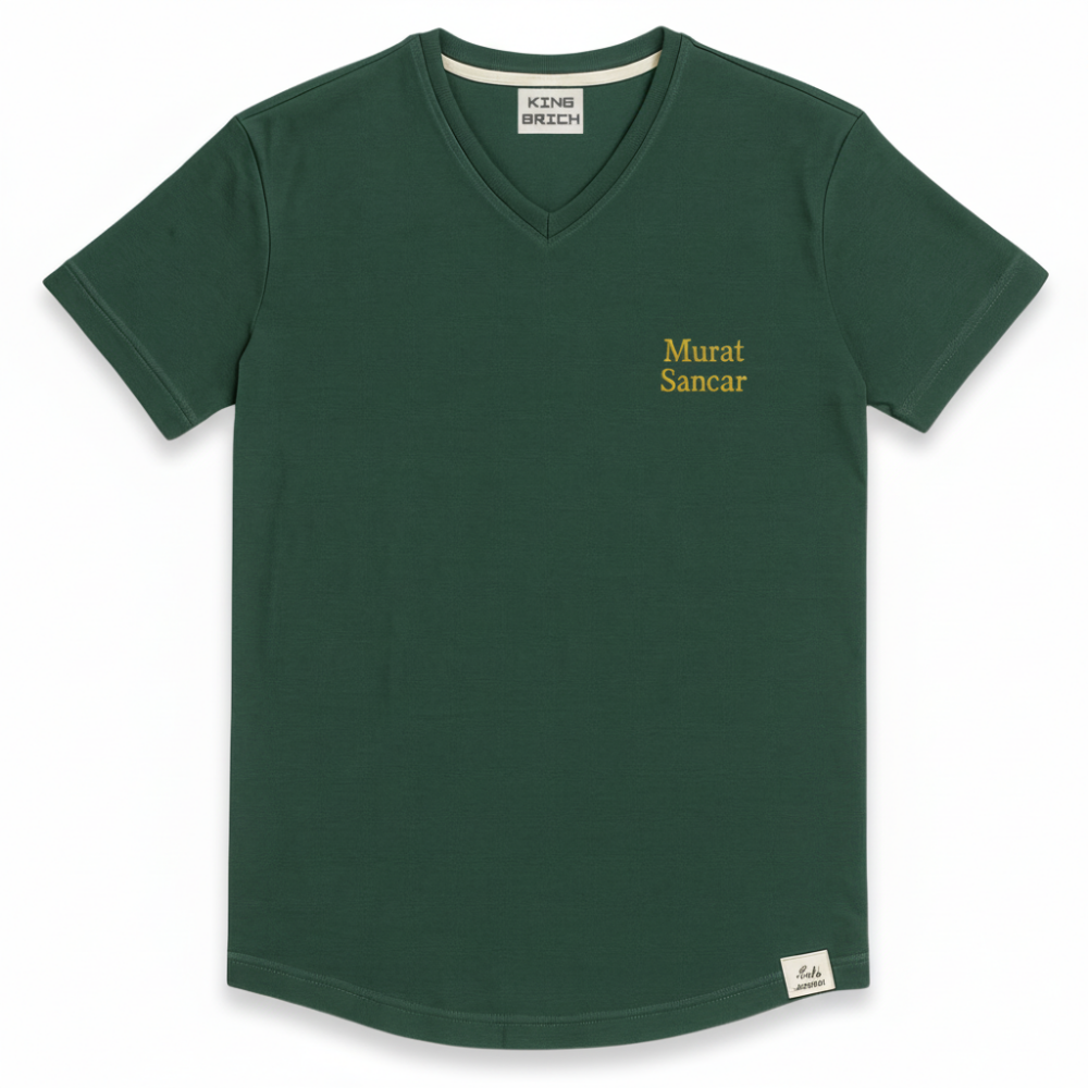 Kişiye Özel Nakışlı Yakası Biyeli Kısa Kollu V Yaka Premium Haki Tişört S - 4