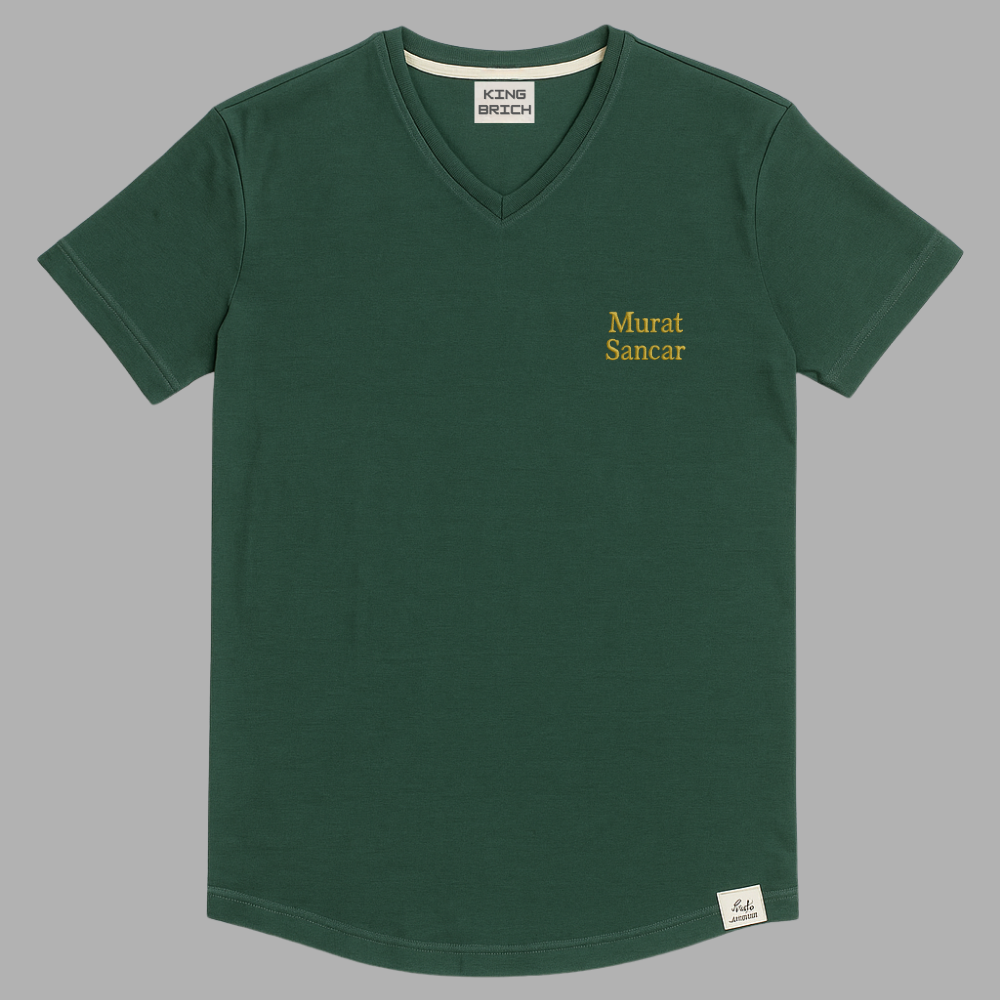 Kişiye Özel Nakışlı Yakası Biyeli Kısa Kollu V Yaka Premium Haki Tişört XL - 2