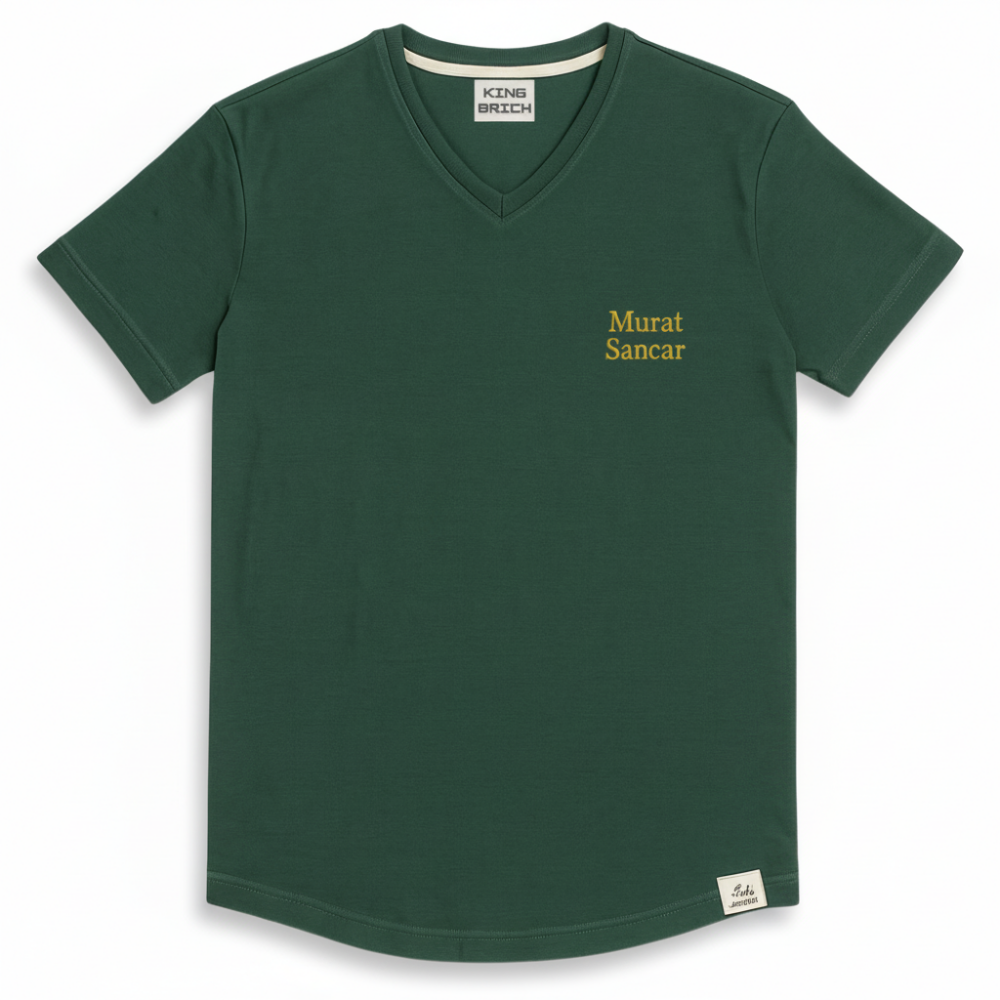 Kişiye Özel Nakışlı Yakası Biyeli Kısa Kollu V Yaka Premium Haki Tişört XL - 4
