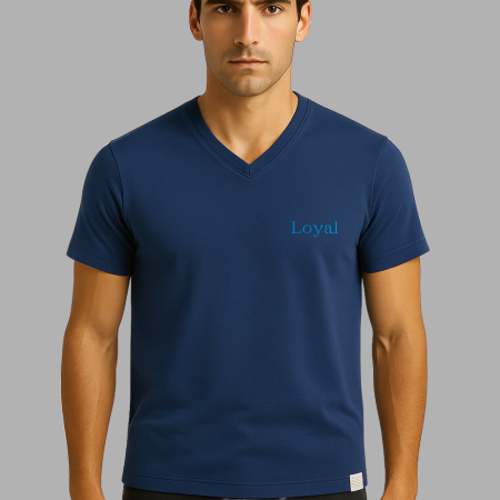 Kişiye Özel Nakışlı Yakası Biyeli Kısa Kollu V Yaka Premium İndigo Mavisi Tişört - Tesbihane