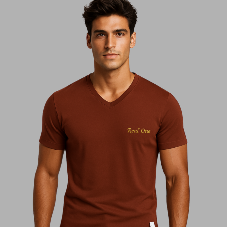 Kişiye Özel Nakışlı Yakası Biyeli Kısa Kollu V Yaka Premium Kahverengi Tişört - Tesbihane