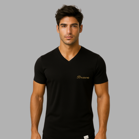 Kişiye Özel Nakışlı Yakası Biyeli Kısa Kollu V Yaka Premium Siyah Tişört - Tesbihane