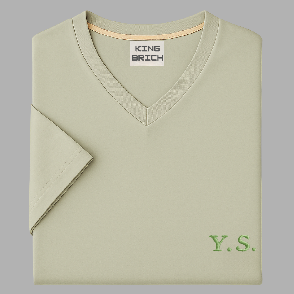 Kişiye Özel Nakışlı Yakası Biyeli Kısa Kollu V Yaka Premium Soft Yeşil Tişört - 4