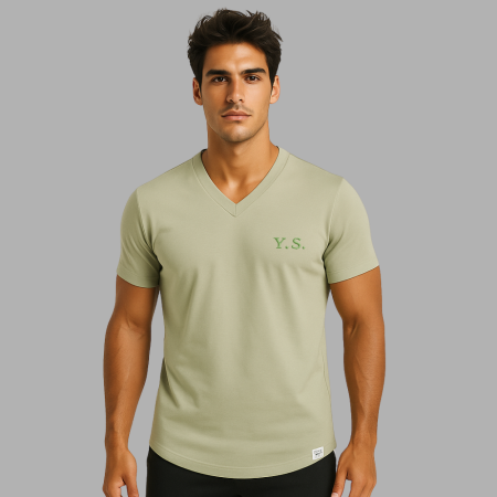 Kişiye Özel Nakışlı Yakası Biyeli Kısa Kollu V Yaka Premium Soft Yeşil Tişört - Tesbihane