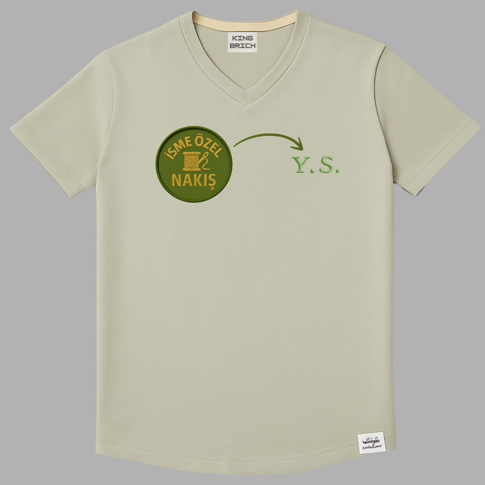 Kişiye Özel Nakışlı Yakası Biyeli Kısa Kollu V Yaka Premium Soft Yeşil Tişört XL - 3