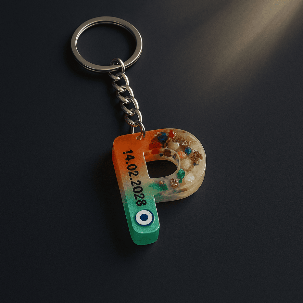 P Harfi - Kişiye Özel - Epoksi Reçine Anahtarlık - El Yapımı - Çelik Tokalı - 3