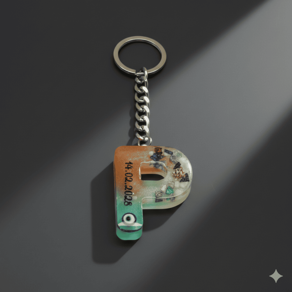 P Harfi - Kişiye Özel - Epoksi Reçine Anahtarlık - El Yapımı - Çelik Tokalı - 7