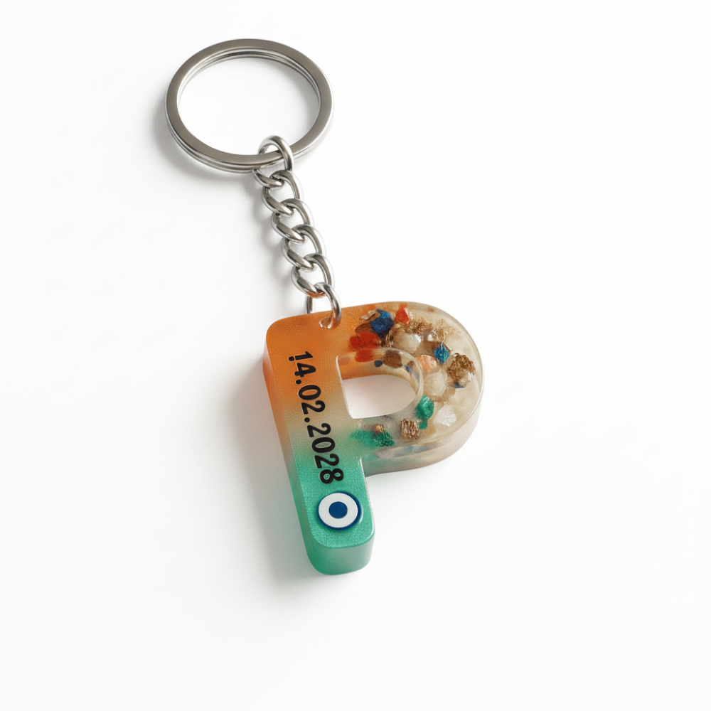 P Harfi - Kişiye Özel - Epoksi Reçine Anahtarlık - El Yapımı - Çelik Tokalı - 5