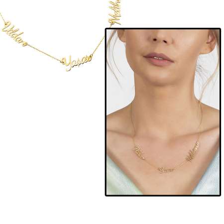 Kişiye Özel Üç İsim Yazılı Altın Renk 925 Ayar Gümüş Bayan Kolye - Tesbihane