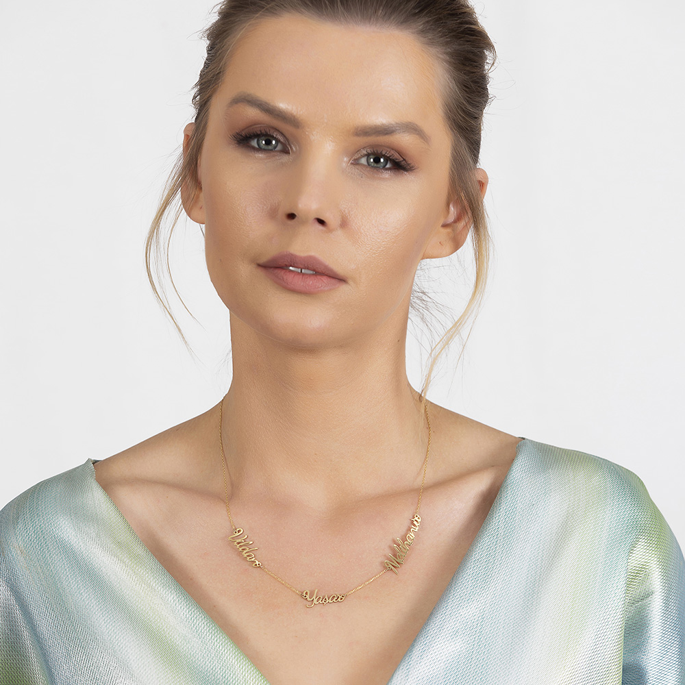 Kişiye Özel Üç İsim Yazılı Altın Renk 925 Ayar Gümüş Bayan Kolye - 2