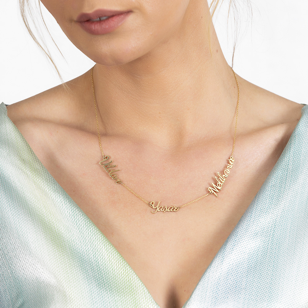 Kişiye Özel Üç İsim Yazılı Altın Renk 925 Ayar Gümüş Bayan Kolye - 3