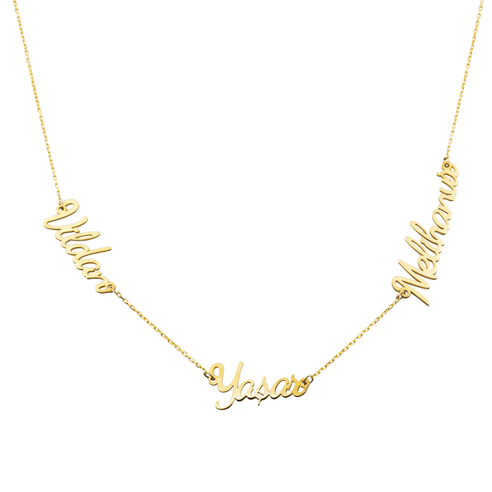 Kişiye Özel Üç İsim Yazılı Altın Renk 925 Ayar Gümüş Bayan Kolye - 4