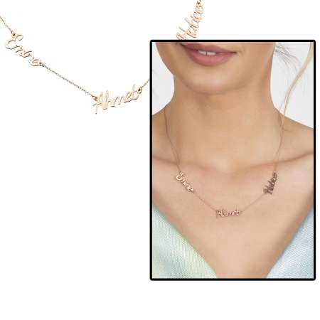 Kişiye Özel Üç İsim Yazılı Rose Renk 925 Ayar Gümüş Bayan Kolye - Tesbihane