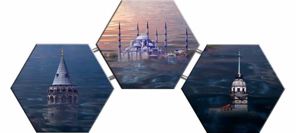 Kız Kulesi, Galata Kulesi ve Cami Temalı Kanvas Tablo - 2