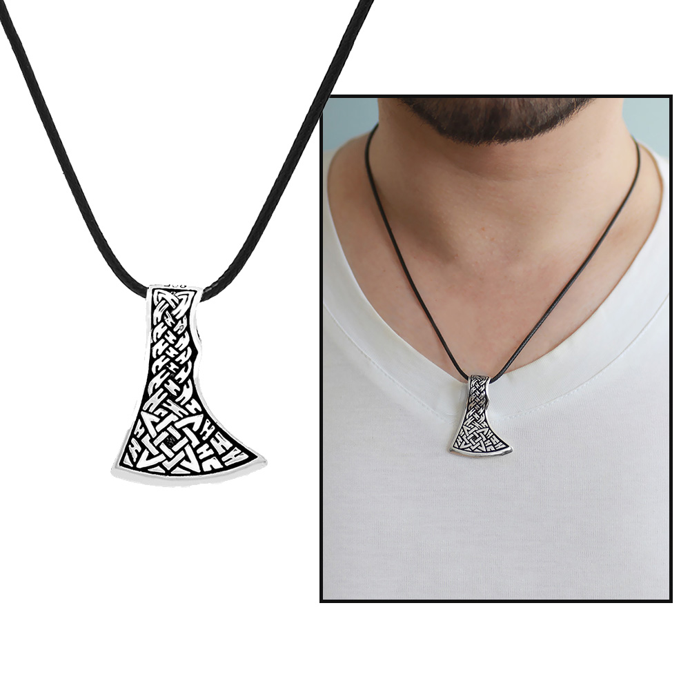 Kızılderili Baltası Tasarım İp Zincirli 925 Ayar Gümüş Erkek Kolye - 1