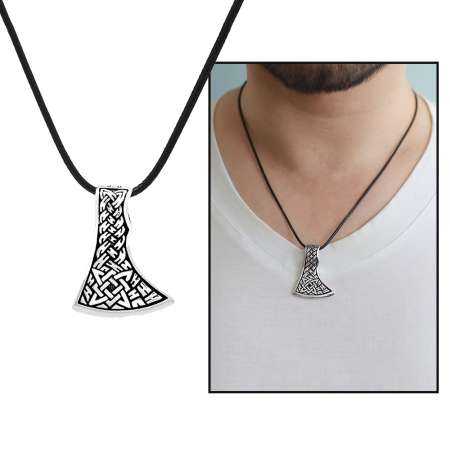 Kızılderili Baltası Tasarım İp Zincirli 925 Ayar Gümüş Erkek Kolye - Tesbihane