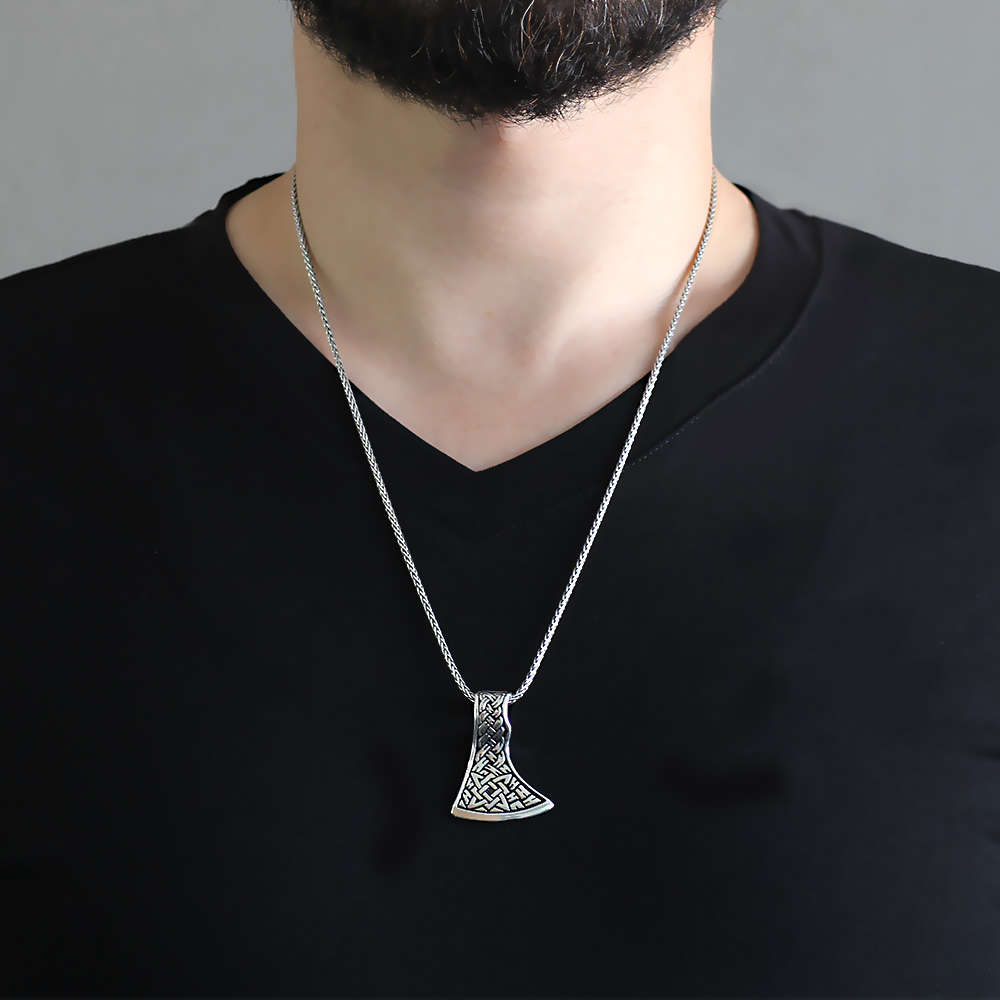 Kızılderili Baltası Tasarım Kalın Zincirli 925 Ayar Gümüş Erkek Kolye - 2