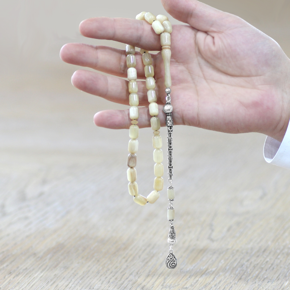 Koç Boynuzu Tesbih - 925 Ayar Gümüş Kral Zincir Püsküllü - Krem Rengi - Kapsül Kesim - 2