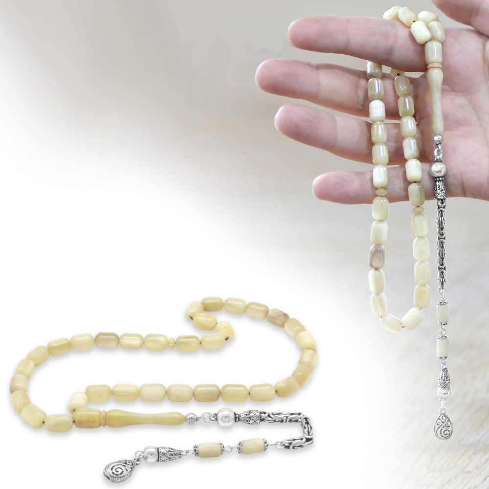 Koç Boynuzu Tesbih - 925 Ayar Gümüş Kral Zincir Püsküllü - Krem Rengi - Kapsül Kesim - 1