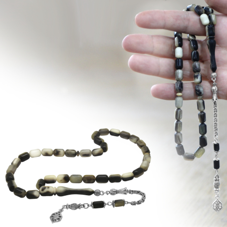 Koç Boynuzu Tesbih - Kararmaz Metal Arnavut Zincir Püsküllü - Krem Rengi Siyah - Kapsül Kesim - Tesbihane