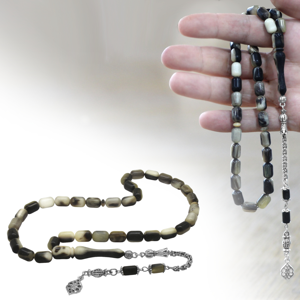 Koç Boynuzu Tesbih - Kararmaz Metal Arnavut Zincir Püsküllü - Krem Rengi Siyah - Kapsül Kesim - 1