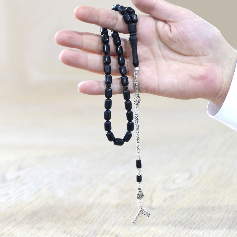 Koç Boynuzu Tesbih - Kararmaz Metal Kral Zincir Püsküllü - Krem Rengi Siyah - Kapsül Kesim - 2