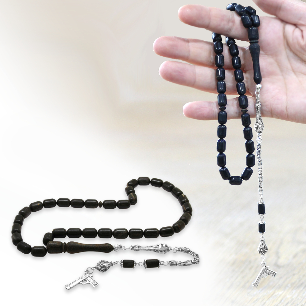 Koç Boynuzu Tesbih - Kararmaz Metal Kral Zincir Püsküllü - Krem Rengi Siyah - Kapsül Kesim - 1