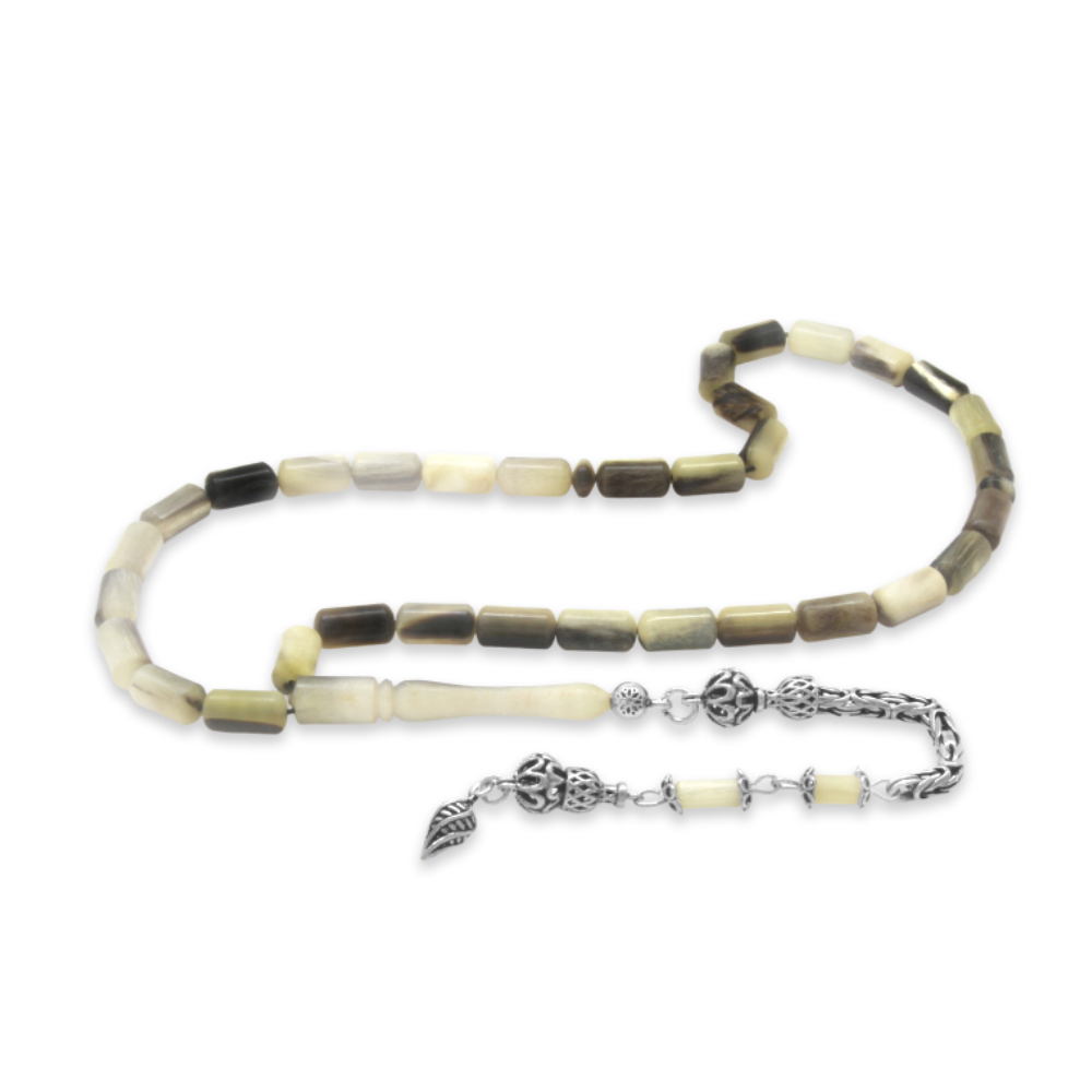 Koç Boynuzu Tesbih - Krem Rengi Siyah - 925 Ayar Gümüş Kral Zincir Püsküllü - Kapsül Kesim - 4