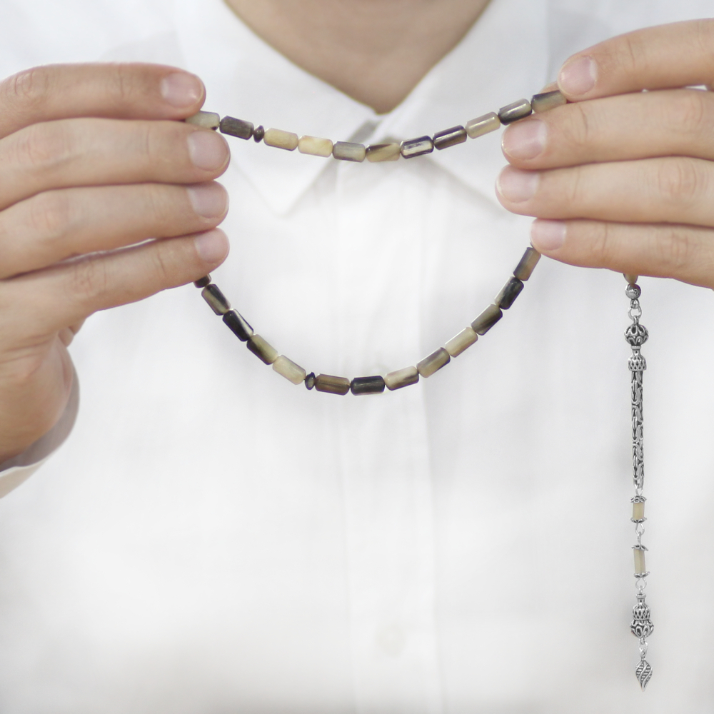 Koç Boynuzu Tesbih - Krem Rengi Siyah - 925 Ayar Gümüş Kral Zincir Püsküllü - Kapsül Kesim - 3