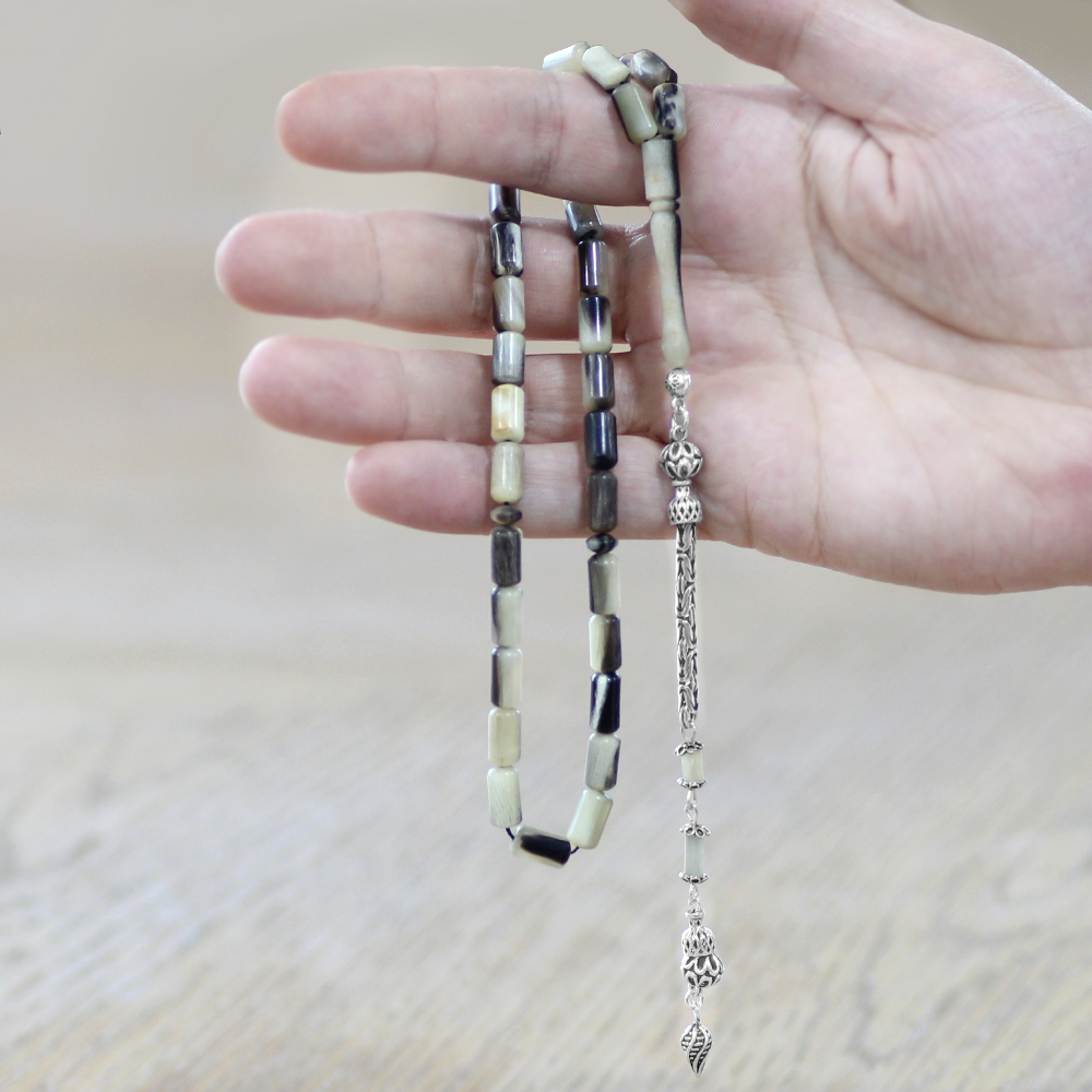 Koç Boynuzu Tesbih - Krem Rengi Siyah - 925 Ayar Gümüş Kral Zincir Püsküllü - Kapsül Kesim - 2