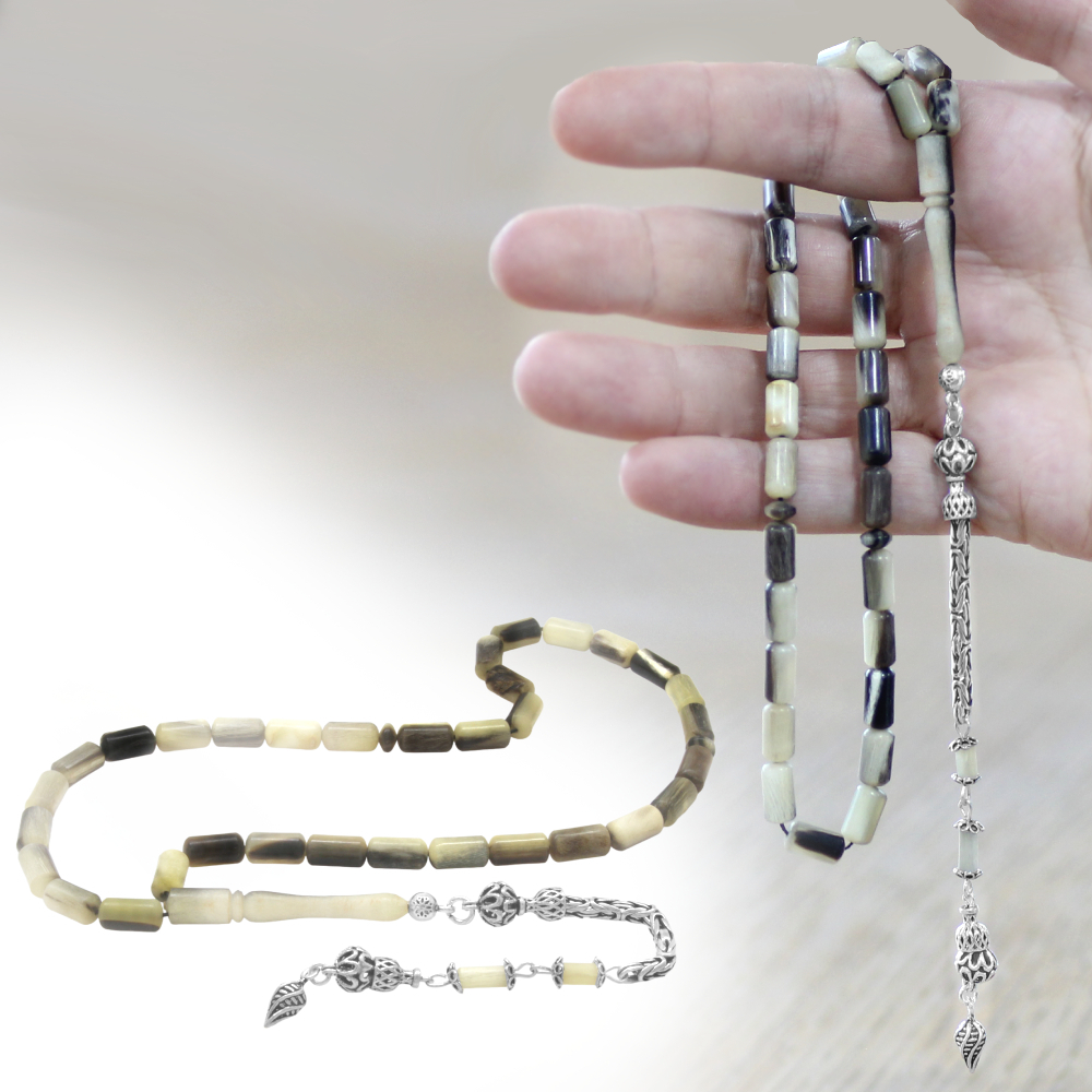 Koç Boynuzu Tesbih - Krem Rengi Siyah - 925 Ayar Gümüş Kral Zincir Püsküllü - Kapsül Kesim - 1