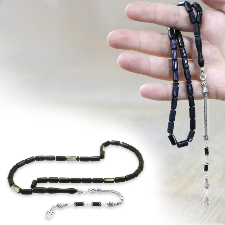 Koç Boynuzu Tesbih - Siyah Renk - 925 Ayar Gümüş Püsküllü - Kapsül Kesim - Tesbihane