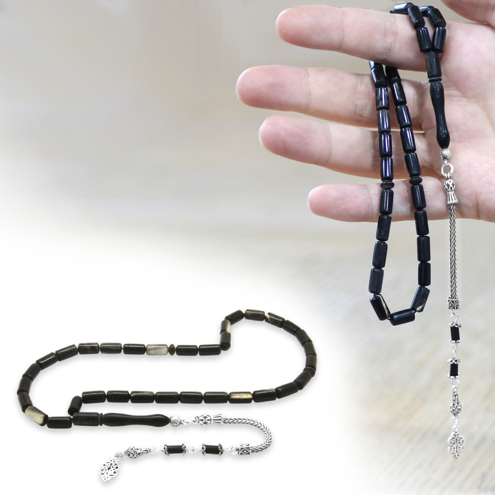 Koç Boynuzu Tesbih - Siyah Renk - 925 Ayar Gümüş Püsküllü - Kapsül Kesim - 1