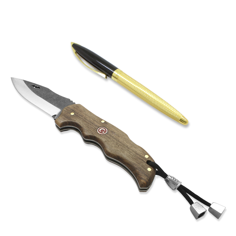 Ceviz Ağacı Saplı Yarasa Model Kilit Mekanizmalı İsme Özel 4034 Karartılmış Çelik Avcı Kamp Bıçağı - 2