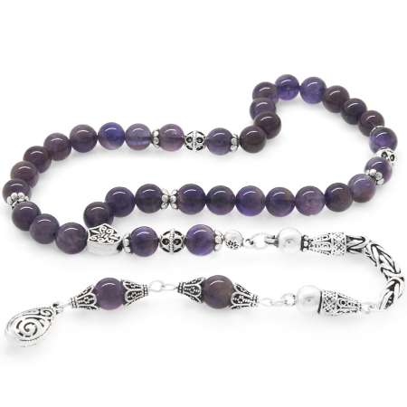 Koleksiyonluk 925 Ayar Gümüş Püsküllü Küre Kesim Ametist Doğaltaş Tesbih - Tesbihane