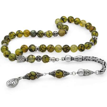 Koleksiyonluk 925 Ayar Gümüş Püsküllü Küre Kesim Damarlı Akik Doğaltaş Tesbih - Tesbihane