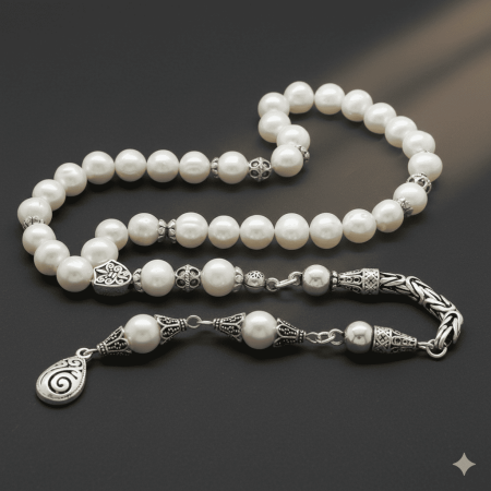 Koleksiyonluk 925 Ayar Gümüş Püsküllü Küre Kesim Doğal İnci Doğaltaş Tesbih - Tesbihane