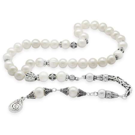 Koleksiyonluk 925 Ayar Gümüş Püsküllü Küre Kesim Doğal İnci Doğaltaş Tesbih - Tesbihane