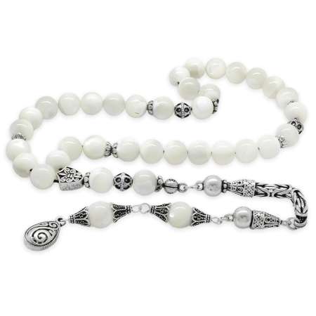 Koleksiyonluk 925 Ayar Gümüş Püsküllü Küre Kesim Sedef Doğaltaş Tesbih - Tesbihane