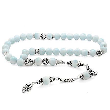 Kolleksiyonluk 925 Ayar Gümüş Püsküllü Larimar Doğaltaş Tesbih - Tesbihane