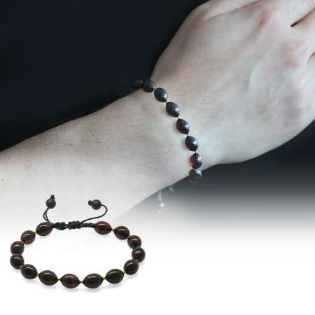 Koyu Kırmızı Renk Doğal Damla Kehribar Erkek Bileklik - Tesbihane