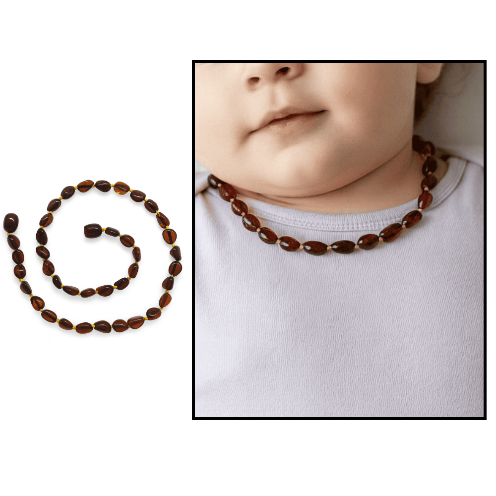 Koyu Kırmızı Renk Doğal Damla Kehribar Taşlı Bebek Diş Kolyesi - 1