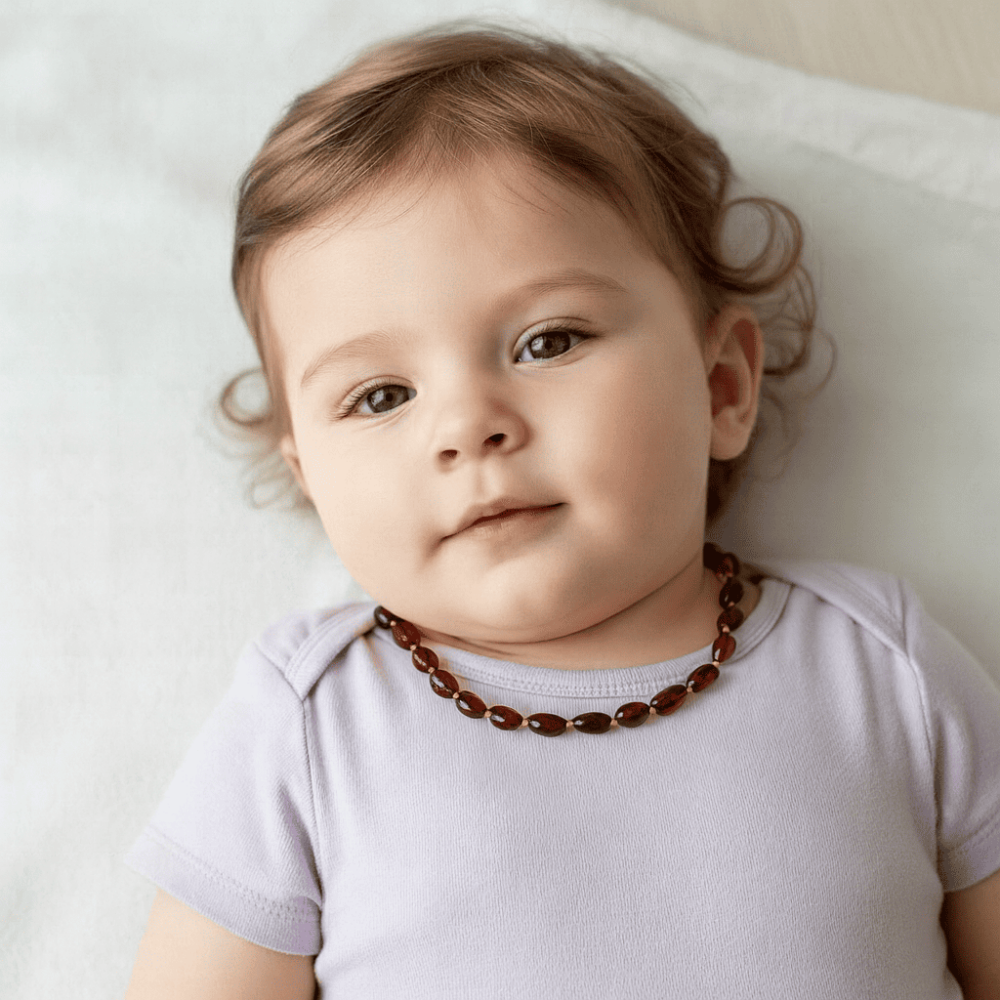 Koyu Kırmızı Renk Doğal Damla Kehribar Taşlı Bebek Diş Kolyesi - 2