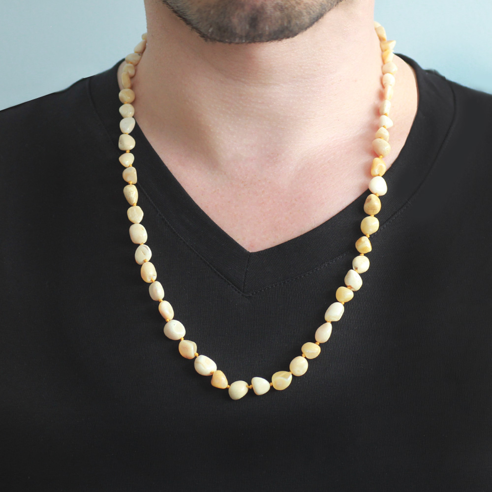 Krem Beyaz Renkli Doğal Damla Kehribar Taşlı Erkek Kolye - 3