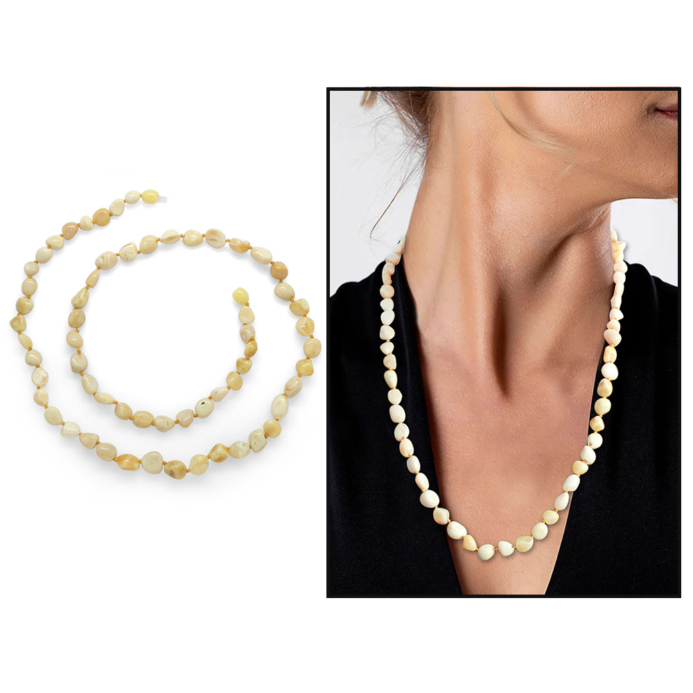 Krem Beyaz Renkli Doğal Damla Kehribar Taşlı Kadın Kolye - 1