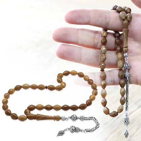 Kuka Tesbih - 925 Ayar Gümüş Kral Püsküllü - Kahverengi - Arpa Kesim - Tesbihane