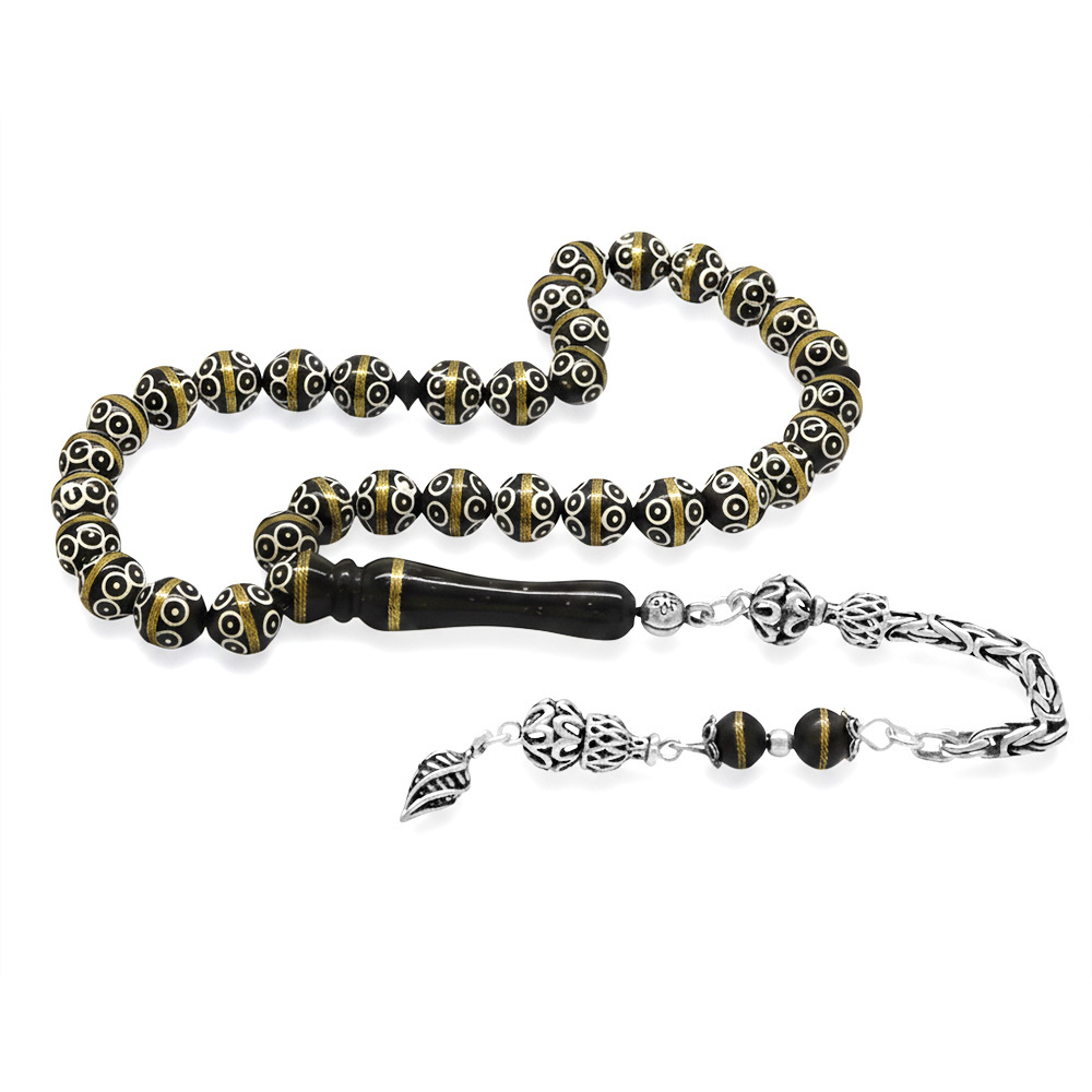 Kuka Tesbih - 925 Ayar Gümüş Kral Püsküllü - Siyah Renk - Pirinç Sarma - Beyaz Mine - Küre Kesim - 4