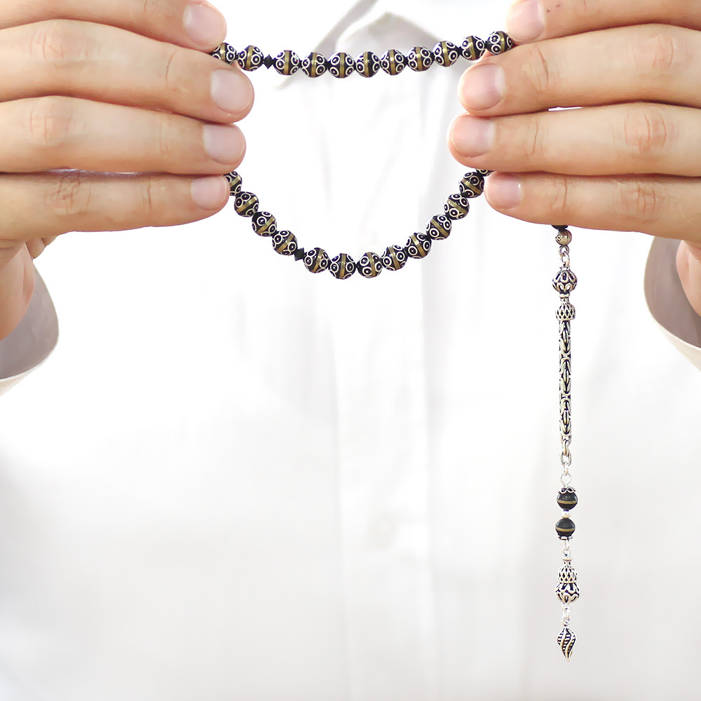 Kuka Tesbih - 925 Ayar Gümüş Kral Püsküllü - Siyah Renk - Pirinç Sarma - Beyaz Mine - Küre Kesim - 3