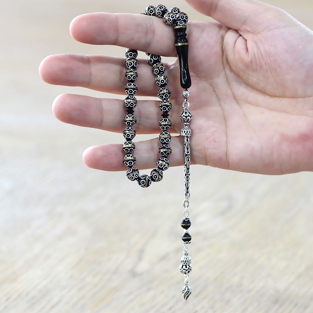 Kuka Tesbih - 925 Ayar Gümüş Kral Püsküllü - Siyah Renk - Pirinç Sarma - Beyaz Mine - Küre Kesim - 2