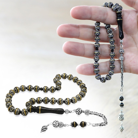 Kuka Tesbih - 925 Ayar Gümüş Kral Püsküllü - Siyah Renk - Pirinç Sarma - Beyaz Mine - Küre Kesim - Tesbihane